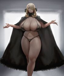 1girls bra breasts cleavage cynthia_(pokemon) eu03 female female_only huge_breasts panties partially_clothed pokemon pokemon_dppt solo thick_thighs wide_hips