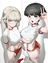 1futa 1girls absurdres arms_behind_back ass ass_hanging_out ass_hanging_out_of_shorts bilingual_commentary black_choker black_eyes black_hair black_nails blonde_hair booty_shorts breasts buruma choker closed_mouth crop_top earrings english_commentary enid_(tagua) female futanari gym_shorts highres jewelry large_breasts large_penis long_hair looking_at_viewer micro_shorts midriff mixed-language_commentary mole mole_under_eye mole_under_mouth multiple_girls nail_polish navel nipple_piercing nipples open_mouth original penis penis_slip piercing purple_eyes red_buruma rene_(tagua) shirt short_hair short_shorts short_sleeves shorts stud_earrings tagua testicle_slip testicles unworn_buruma unworn_shirt v veins veiny_penis very_short_hair white_shirt