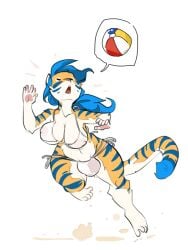 4_toes 5_fingers anthro ball balls beach_ball blue_hair bottomwear breasts bulge clothed clothing feet felid fingers fur genitals gynomorph hair inflatable intersex mammal markings multicolored_body multicolored_fur navel nipple_outline pantherine partially_clothed pawpads simple_background solo speech_bubble striped_body striped_fur striped_markings striped_tail stripes tail tail_markings tamyra tiger toes topwear translucent translucent_clothing translucent_topwear white_background