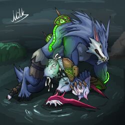 anthro anthro_penetrating belly_bulge briar_(league_of_legends) bukkake canine canine_on_human cum cum_inside fangs gray_body gray_fur hard_sex hardcore implied_penetration league_of_legends leaking_cum leaking_cum_from_pussy prone_bone sex sharp_claws sharp_fingernails sharp_teeth small_breasts smaller_female soymilk58008 torn_clothes warwick white_hair white_pupils
