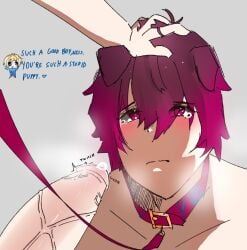 alexis_ness blowjob_in_the_pose blue_lock blush chibi collar dacryphilia dog_collar dog_ears femboy femboy_focus femboysub good_boy head_grab head_push kneeling leash leash_and_collar leash_pull michael_kaiser on_knees penis_in_front_of_face petting petting_head pink_eyes pink_hair pout pouting pouty_lips puppy_eyes puppyboy submissive submissive_male tears teasing text twitching_penis veiny_penis
