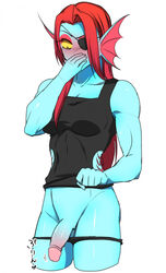 1futa anthro blush bottomless covering_mouth decensored flaccid furry futa_only futanari humanoid humanoid_penis intersex penis solo standing tank_top torotale undertale undyne white_background