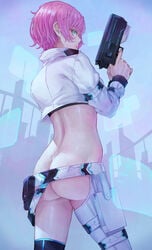 1girls ass back_view butt_focus clothed clothing exposed_ass female_only functionally_nude gun kaoming looking_back original original_character pink_hair solo solo_female