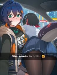 2026 2girls ass belle_(zenless_zone_zero) black_hair blue_eyes blue_hair blush breast_press breasts car color colored ellen_joe ellen_joe_(on_campus) embarrassed embarrassed_female female female_only green_eyes hi_res hoyoverse kawaii_xgirl mcdonald's meme mihoyo multicolored_hair nervous red_hair reference_image shark_girl shark_tail she_wants_to_order short_hair skirt sweat sweatdrop tail thick_thighs thighs yuri zenless_zone_zero