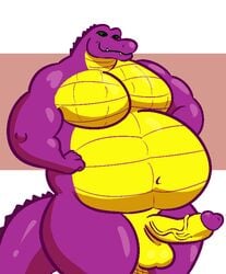 alligator alligatorid anthro balls belly big_belly crocodilian erection genitals green_eyes grungebeetle looking_down male musclegut pecs penis pose purple_body reptile scalie sergio_the_buff smug solo standing vein veiny_penis