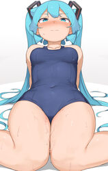 1girls abmayo blue_hair blush breasts cleavage female female_only flat_chest hatsune_miku looking_at_viewer one-piece_swimsuit petite small_breasts solo sweat swimsuit thick_thighs vocaloid wet wide_hips