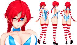 1girls 3d ass blue_eyes bow breasts character_sheet choker freckles headshot_portrait high_heels highleg_leotard hips koikatsu long_gloves looking looking_at_viewer plunging_neckline red_hair shiftnoid_(artist) standing striped striped_legwear striped_panties thighhighs thighs twintails wendy's wendy_thomas