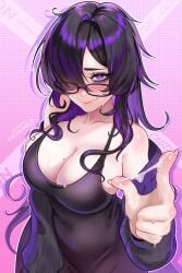 armpit_crease bare_shoulders black-framed_eyewear black_cardigan black_dress black_hair blunt_bangs blush breasts cardigan cleavage collarbone colored_inner_hair commentary dotted_background dress english_commentary female glasses goddess_of_victory:_nikke hair_over_one_eye hand_up highres label_(nikke) large_breasts long_bangs long_hair long_sleeves looking_at_viewer looking_over_eyewear mole mole_on_breast multicolored_hair off_shoulder open_cardigan open_clothes outline patreon_username pink_background prywinko purple_eyes purple_hair pussy_juice pussy_juice_on_fingers sleeveless sleeveless_dress solo spaghetti_strap streaked_hair sweat tight_clothes tight_dress two-tone_background upper_body wavy_mouth white_outline