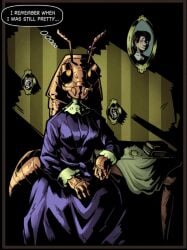 beetle_girl bug_girl cockroach_girl female implied_transformation maggotmilk maggtmilk older_female original_character portrait post_transformation purple_dress sitting sitting_on_chair thinking unhappy_female