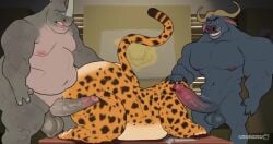 2d_animation 3boys anal anal_sex animated anthro aruberu ass balls benjamin_clawhauser big_butt black_spots blue_body butt_slap cheetah chief_bogo colored desk disney feline gay gay_sex grey_body horn inside male_only office officer_mchorn penile penile_penetration penis police rhinoceros table table_sex tagme tan_body trio video water_buffalo zootopia