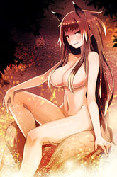 1girls animal_ears bail bare_shoulders breasts brown_eyes cleavage embers female fox_ears fox_tail grin hair_censor large_breasts long_hair looking_at_viewer navel nude original red_hair shiny_skin sitting smile solo tail