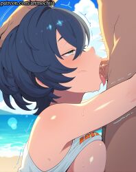 1boy ^^^ ahoge ai_generated armpits artmochiia bare_shoulders beach belle_(zenless_zone_zero) black_hair blue_sky blush breasts cloud day deepthroat fellatio female from_side horizon licking medium_breasts mihoyo motion_lines ocean open_mouth oral outdoors penis saliva short_hair sky solo_focus straight sweat tongue tongue_out trembling twitching water zenless_zone_zero