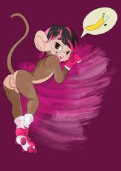 absurd_res anthro ass banana bent_over clothing exhibitionism eyewear food footwear fruit glasses gloves_(marking) haplorhine hi_res highlights_(coloring) irnoodles looking_at_viewer looking_back male male_only mammal markings monkey nude plant presenting presenting_hindquarters primate roller_skates socks solo