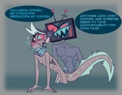 2boys aurumolai black_eyes black_hair black_nipples blue_eyes blue_hair blue_nipples blush eel eel_tail english english_text erection ethan_(hazbin_hotel) fish_tail freckles freckles_on_shoulders from_behind gay gills glasses grabbing hazbin_hotel headphones heterochromia looking_at_viewer male naked nipples nude open_mouth penis precum red_eyes sharp_teeth short_hair simple_background size_difference small_penis speech_bubble square_nipples tail tv_head vox's_assistant_(hazbin_hotel) vox_(hazbin_hotel) yaoi