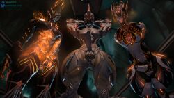 16:9 abs athletic athletic_female big_penis breasts digital_extremes dominant dominant_female ember_(warframe) ember_heirloom_(warframe) female first_person_view futanari genitals glowing glowing_body glowing_genitalia glowing_markings glowing_penis group gynomorph hand_behind_head hand_on_hip hi_res humanoid intersex looking_at_viewer low-angle_view markings penis samtrix small_breasts small_waist tencent thick_thighs trio warframe widescreen