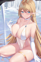 bangs bare_shoulders bikini_pull blonde_hair blue_eyes blush braid breasts choker cleavage clothes_pull collarbone elbow_gloves elf female feng_mouren gloves highres image_sample large_breasts long_hair looking_at_viewer navel original pixiv_sample pointy_ears solo thighs water white_gloves