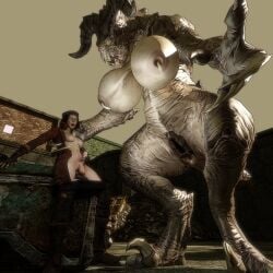 2girls 3d anthro ass big_ass big_breasts big_butt blender breasts deathclaw eyebrowless fallout fallout_4 female female_deathclaw futanari gigantic_breasts intersex interspecies lactation lipless no_ears nude piper_wright reversemilkman scalie size_difference