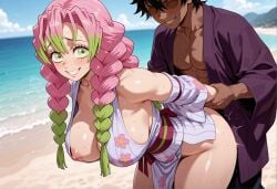 1boy ai_generated beach bent_over black_hair blush braid breasts day demon_slayer female floral_print freckles gradient_hair green_eyes green_hair grin japanese_clothes juliaverseai kanroji_mitsuri kimetsu_no_yaiba kimono large_breasts long_hair looking_at_viewer mitsuri_kanroji mole mole_under_eye multicolored_hair multiple_moles nipples ocean outdoors pink_hair sex sex_from_behind smile straight sweat thighs