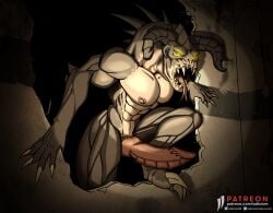 abs anthro deathclaw fallout flashlight genitals glowing glowing_eyes hi_res hole_in_wall horror_(theme) iudicium86 knot knotted_penis male male_deathclaw_(fallout) microsoft monster muscular penis reptile ridged_penis ruins scalie solo text url wall_(structure)