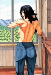 1girls accurate_art_style ai_generated ass ass_focus back_view backboob big_ass black_hair bottomwear breasts bubble_ass bubble_butt clothed clothed_female denim female female_only from_behind half-dressed kurenai_yuhi light-skinned_female light_skin long_hair looking_back manga_style masashi_kishimoto_style mature mature_female mostly_nude naruto naruto_(series) naruto_shippuden no_bra pants partially_clothed presenting presenting_ass presenting_hindquarters rear_view red_eyes showing showing_ass showing_off smooth_skin standing stickyai topless topless_female viewed_from_behind white_skin
