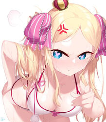 aged_up alternative_bust_size angry beatrice_(re:zero) bikini blonde_hair blue_eyes blush breasts cleavage clothing commission female female_only hand_on_hip high_resolution izulizuru large_breasts leaning_forward long_hair looking_at_viewer mini_crown older pointing pointing_at_viewer pouting re:zero_kara_hajimeru_isekai_seikatsu shiny shiny_hair shiny_skin sidelocks swimsuit symbol-shaped_pupils tied_hair twintails very_high_resolution water wet