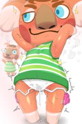 2024 animal_crossing anthro blush blush_lines bodily_fluids breasts canberra_(animal_crossing) chibi clothed clothing cum cum_in_clothing cum_through_clothing digital_media_(artwork) female genital_fluids glistening glistening_body goatboydraws green_clothing green_topwear hi_res koala low-angle_view mammal marsupial nintendo nipple_outline on_model orange_body pantsless penetration photo_reference raised_arms reference_image sex_toy sex_toy_in_vagina sex_toy_insertion simple_background small_breasts solo standing steam sweat topwear underwear vaginal_fluids vaginal_penetration vibrator vibrator_in_vagina vombatiform wet wet_clothing white_background