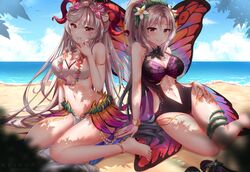 2girls alternate_costume animal_print arm_support armband beach bikini black_flower black_hair black_swimsuit blurry blurry_foreground blush bracelet breasts butterfly_print butterfly_wings cleavage clothing_cutout cloud covering_mouth crown_of_thorns english_commentary eyebrows_visible_through_hair facial_mark fairy_wings fire_emblem fire_emblem_heroes flip-flops flower flower_necklace forehead_mark freyja_(fire_emblem) freyja_(summer)_(fire_emblem) goat_horns gradient_hair hair_between_eyes hair_flower hair_ornament hairband halterneck hand_on_hip hand_over_own_mouth highres horns jewelry keipup large_breasts leaf linea_alba long_hair looking_at_viewer multicolored_hair multiple_girls navel navel_cutout necklace nintendo ocean official_alternate_costume one-piece_swimsuit orange_eyes pelvic_curtain plumeria_(fire_emblem) plumeria_(summer)_(fire_emblem) ponytail red_eyes sandals shadow showgirl_skirt smile source_larger summer swimsuit thigh_strap thighs thorns twitter_username very_long_hair watermark white_bikini white_flower white_hair white_swimsuit wings