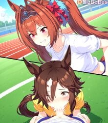 1futa 1girl1futa ai_generated blush brown_hair cum cum_explosion cum_in_mouth daiwa_scarlet_(umamusume) dizbabes ejaculation fellatio female futa_on_female futanari grin hand_on_another's_thigh horse_girl kneeling_oral_position naughty_face oral outdoor_sex outdoors penis pink_eyes pov public_exposure public_indecency public_nudity public_sex smile split_screen stable_diffusion umamusume umamusume_pretty_derby video_game_character video_games vodka_(umamusume) yuri