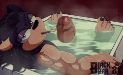 1boy anthro bath bathing black_hair blackbear blue_eyes erection fan_character foreskin genitals hair long_hair looking_at_viewer looking_back male male_only penis sega solo sonic_(series) sonic_the_hedgehog_(series) water wet