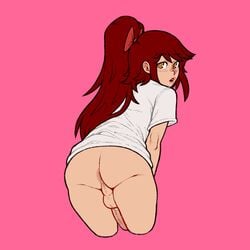 1boy anus ass bottomless buisy buisy_(buisy) femboy from_behind girly long_hair penis perineum pink_background ponytail presenting_hindquarters red_hair shirt solo xionanon