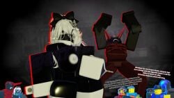 1boy 1girls 3d 3d_(artwork) areolae arrymix betty_(the_battle_bricks) black_skin bloodhorn_(the_battle_bricks) breasts english_text female_focus nipples reference_image roblox roblox_game robloxian self_upload tagme text the_battle_bricks thighhighs thighs watermark white_hair