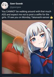 2girls ass ass_focus big_ass blue_eyes blue_hair blush classroom dat_ass english_text gawr_gura hololive hololive_english hololive_myth jan_azure looking_at_viewer meme multiple_girls orange_hair school school_uniform selfie smile takanashi_kiara text thick_thighs tweet twitter two_tone_hair virtual_youtuber you_cannot_be_walking_around_with_that_much_ass_(meme)