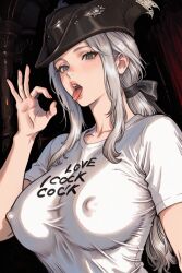 1female 1girls 2026 ai_assisted ai_generated alternate_costume background big_breasts bloodborne blowjob_gesture blush blushing_female breasts clothes_writing covered_nipples english_text fellatio fellatio_gesture female female_focus female_only fromsoftware green_eyes hard_nipples indoors lady_maria_of_the_astral_clocktower large_breasts light-skinned_female light_skin long_hair nipples nipples_visible_through_clothing no_bra ponytail pose posing seductive_look see-through see-through_clothing sexually_suggestive smile smiling t-shirt teasing tongue tongue_out tricorne uncensored video_game video_game_character video_game_franchise video_games white_hair white_shirt