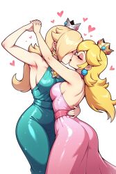 2girls ai_generated armpits ass back backless_dress blonde_hair brooch closed_eyes crown dancing dress earrings eyelashes eyeshadow female female/female french_kiss halterneck hand_on_back heart holding_hands human human_on_human human_only incest kissing long_hair lor18_(ai_generator) mario_(series) nail_polish nintendo princess princess_peach princess_rosalina rosalina royalty sash shoulder_blades simple_background sisters tight_clothing tongue yuri