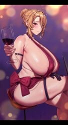 alcohol areola_slip black_border black_gloves blonde_hair breasts character_request commentary_request crossed_legs cup deka_(deka_4242) drinking_glass female gloves hand_up highres holding holding_cup huge_breasts looking_at_viewer red_eyes red_wine single_glove sitting solo thigh_strap updo wine wine_glass