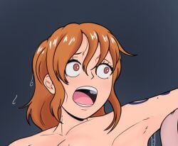 1boy arm_tattoo blue_tattoo female male mrpheromones naked nami_(one_piece) one_piece orange_hair scared tattoo wide_eyed