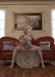 blonde_hair breasts dress dress_lift erection finger_to_mouth futanari intersex light-skinned_futanari lips looking_at_viewer presenting_penis seductive shh sitting sofa solo spread_legs yellow_eyes ylvish_(ylvy) ylvy