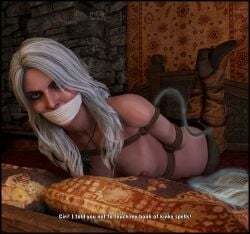 3d bed bedroom bondage breasts captured captured_heroine cd_projekt_red ciri english_text female freckles gadreelrenders gagged green_eyes high_heel_boots light-skinned_female light_skin long_hair looking_at_viewer mascara nipples pants_down rope_bondage running_mascara runny_makeup scar solo solo_female text the_witcher_(series) the_witcher_3:_wild_hunt wet_body white_hair witcher_medallion
