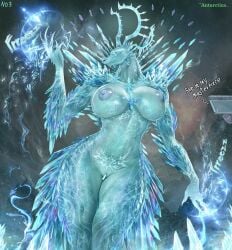 anthro areola arm_spikes back_spikes blue_body blue_eyes breasts chest_spike claws dialogue dr._alex_j._hanson dragon duo elbow_spikes elemental_creature elemental_dragon english_text female genitals glass horn human ice ice_creature ice_dragon ice_spikes kaiju macro male mammal markings mineral_fauna mountain multi_eye multi_horn mythological_creature mythological_scalie mythology neck_spikes netxart nipples project_kaiju pubic_tattoo scalie scientist shoulder_spikes snowflake spikes spikes_(anatomy) tattoo tb-008_white_demon text thigh_spikes vulva
