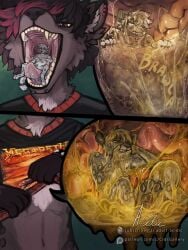 3:4 acidic anthro anthro_pred anthro_prey black_clothing black_hair black_topwear bodily_fluids canid canine cheek_tuft clothed clothing clothing_lift cutaway disgust duo ear_piercing ear_stud facial_tuft fangs felid fur grey_body grey_fur hair in_mouth internal macro macro/micro macro_male male male_anthro male_pred male_prey mammal messy_hair micro micro_male multicolored_hair multiple_piercings narrowed_eyes navel nude on_tongue oral_vore piercing purple_eyes red_hair saliva saliva_string shirt shirt_lift short_hair stomach_acid teeth text tongue topwear tuft two_tone_hair url vore