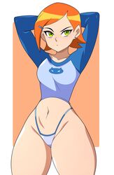 1girls abysswatchers arms_behind_head arms_up bare_thighs ben_10 blue_clothing blue_shirt bottomless cartoon_network female_only ginger green_eyes gwen_tennyson highleg_panties hourglass_figure navel no_pants panties red_hair shirt short_hair short_orange_hair small_breasts stomach string_panties thick thick_thighs wide_hips