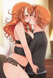 ai_generated belly_piercing big_breasts brother_and_sister drill_hair incest kensuke kissing lingerie making_out orange_hair romance saliva siblings usubeni_sakurako