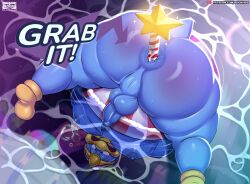 air_bubbles anthro anus arrow artist_logo artist_name ass ass_up avian balls bird blue_body breaking_the_fourth_wall clothing el_booki english_description english_text in_water king_dedede kirby_(series) male male_only nipples penis tagme text wand wand_in_ass water
