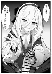 1boy absurdres after_handjob bar_censor black_hairband blue_archive censored commentary_request cum cum_on_body cum_on_hands double-parted_bangs erection female hageashi hair_between_eyes hairband halo highres jacket kei_(blue_archive) kei_(new_body)_(blue_archive) large_penis long_hair_between_eyes looking_at_viewer multicolored_jacket necktie penis penis_grab penis_out rectangular_halo ringed_eyes smile straight translation_request two-tone_jacket veins veiny_penis white_hair white_jacket