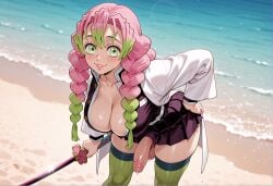 ai_generated beach belt black_skirt blush braid breasts cleavage demon_slayer demon_slayer_uniform erection female futanari gradient_hair green_eyes green_hair green_thighhighs hand_on_own_hip haori holding holding_sword holding_weapon juliaverseai kanroji_mitsuri katana kimetsu_no_yaiba large_breasts leaning_forward long_hair long_sleeves looking_at_viewer miniskirt mitsuri_kanroji mole mole_under_eye multicolored_hair ocean outdoors parted_lips partially_unbuttoned penis pink_hair pleated_skirt precum skirt smile solo sword testicles thighhighs twin_braids uncensored veins veiny_penis water weapon