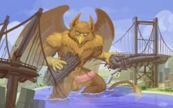 abs anthro avian balls beak biceps biped bridge brown_body building building_destruction car carpo city city_background cityscape claws destruction detailed_background erection extreme_size_difference feathered_wings feathers finger_claws fingers genitals gryphon hi_res house humanoid_genitalia humanoid_penis looking_at_viewer macro macro_anthro macro_male male muscular muscular_anthro muscular_male mythological_avian mythological_creature mythology nude outside pecs penile penis rampage size_difference skadigasm sky solo tail vehicle vehicle_destruction water wings