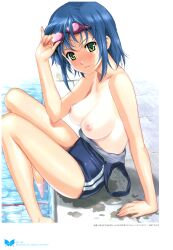 1girls absurd_res bare_shoulders barefoot blue_hair blush breasts clothes_pull female_focus goggles goggles_on_head green_eyes happoubi_jin highres looking_at_viewer nipples one-piece_swimsuit_pull one-piece_tan pool poolside scan short_hair sitting solo swimsuit tan tanline water