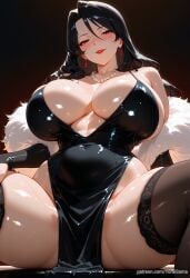 1girls ai_generated big_breasts black_hair blush clothing curvy female female_only fullmetal_alchemist light-skinned_female long_hair lust_(fullmetal_alchemist) milf red_eyes sitting solo spread_legs sweat thick_thighs voluptuous wide_hips yorai