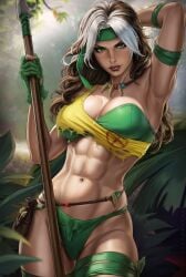 1girls 2026 abs ass bandage bandaged_arm barely_clothed big_ass big_breasts breasts brown_hair bush cleavage closed_mouth collarbone dandon_fuga dappled_sunlight dark_areola dyed_bangs female female_focus female_only grass green_eyes headband leaf light_skin lips lipstick looking_at_viewer marvel marvel_comics marvel_rivals navel no_ai ripped_clothing rogue_(marvel_rivals) rogue_(savage_land) rogue_(x-men) savage_land shirt spear thick_thighs twitter_link two-tone_hair watermark white_hair x-men yellow_shirt