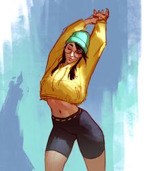 1girls annienudesart anninosart belly bike_shorts brown_hair closed_eyes dark_hair female female_only glasses hat hotpants killjoy_(valorant) light-skinned_female light_skin navel shorts slender_legs smile solo sportswear stretching tagme thighs valorant